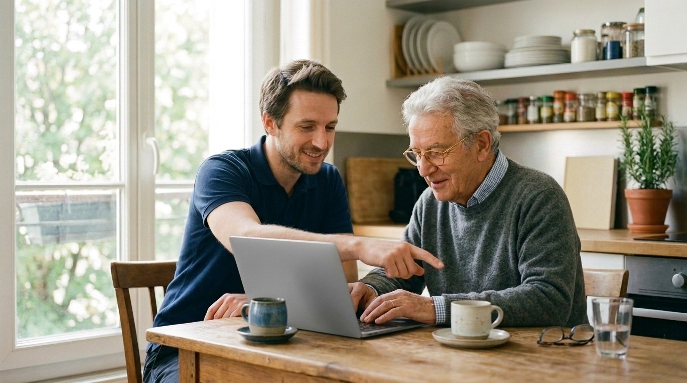 Un technicien DigiAssist aide un senior à réaliser une démarche en ligne sur son ordinateur, à domicile